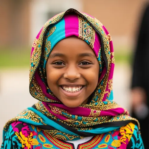 Joyful Black Muslim Girl in Vibrant Hijab | Positive Emotions