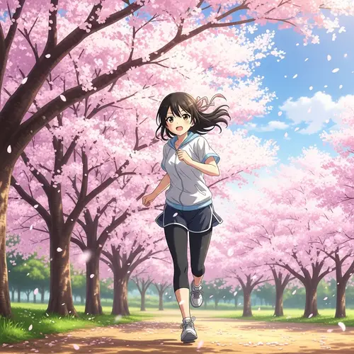 Energetic Japanese Teen Girl Running in Cherry Blossom Park