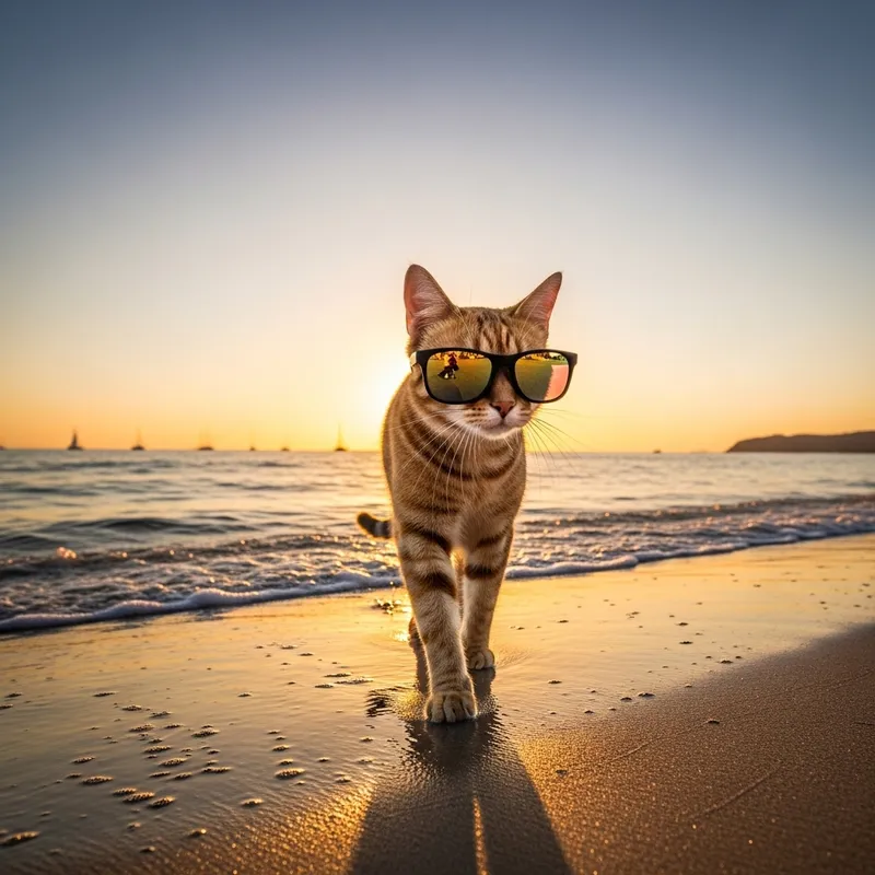 Cat Wearing Sunglasses Walking On Beach Shore