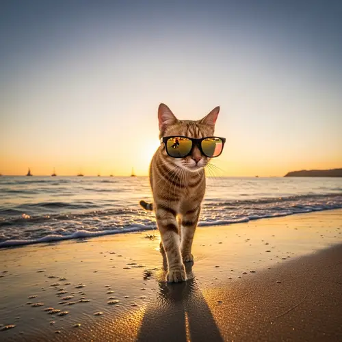 Cat with Sunglasses Strolling on Beach