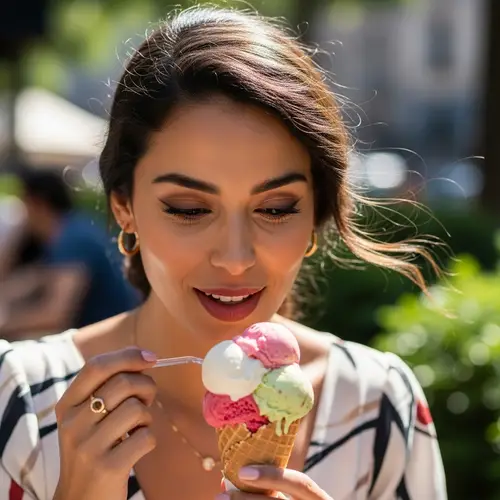 Elegant Hispanic Woman Enjoying Ice Cream on Sunny Day