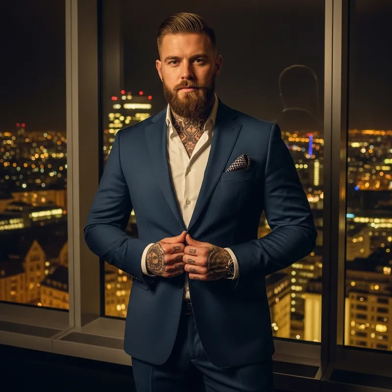 Sophisticated German Executive in Tailored Suit Overlooking Nighttime Skyline | Urban Allure & Power Sophisticated German Executive in Tailored Suit Overlooking Nighttime Skyline | Urban Allure & Power