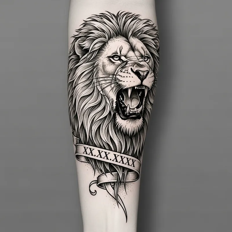 Lion Tattoo Design with Date Placement for Forearm