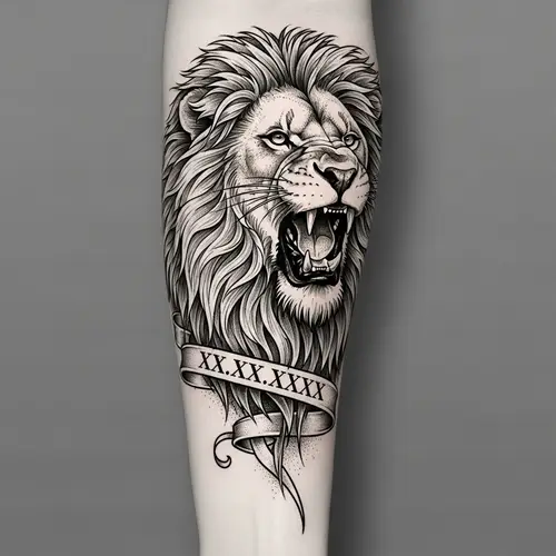 Majestic Lion Tattoo Design with Date Placement for Forearm