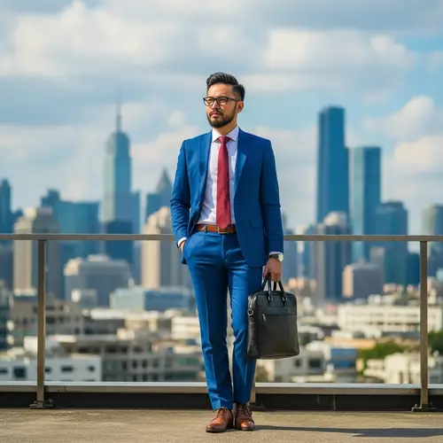 Confident Asian Man in Modern Business Attire Poses in Urban Setting