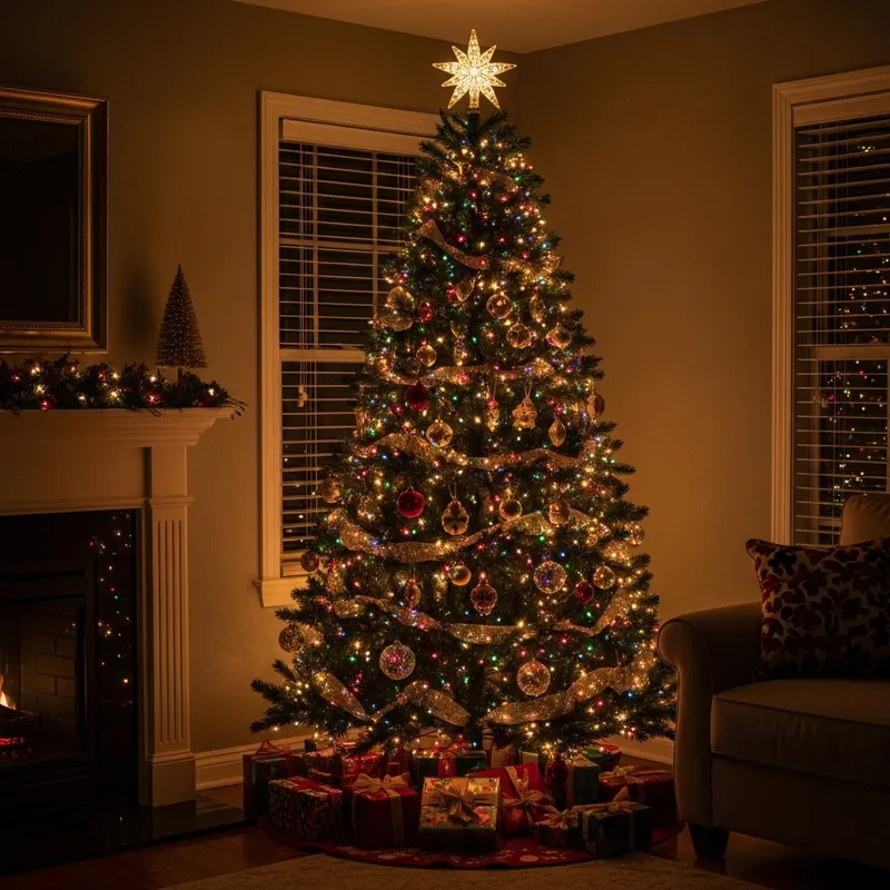 Colorful Christmas Tree Decorated with Lights and Ornaments