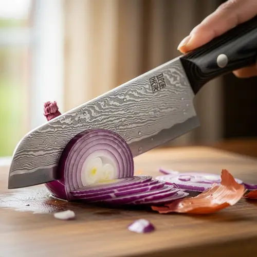 Artisanal Nakiri Knife Slicing Onion