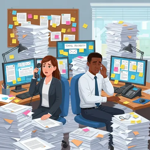 Office Chaos: Stressed Woman and Man Surrounded by Piles of Papers