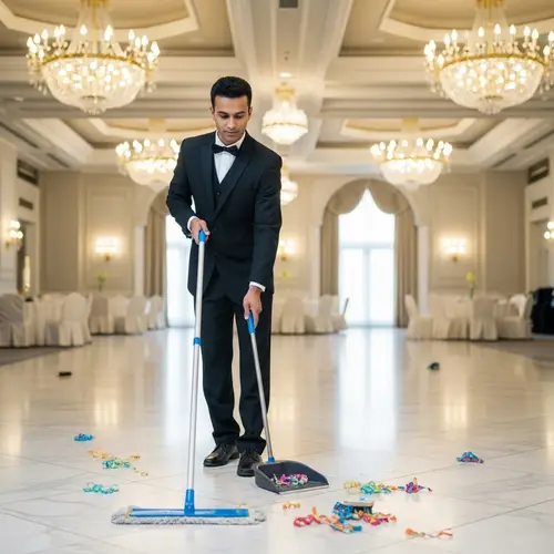 South Asian Janitor in Tuxedo Cleaning Elegant Ballroom