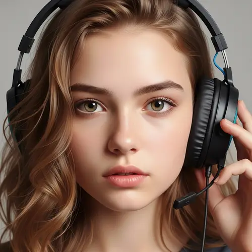 Fair-Skinned Girl with Wavy Hair and Gaming Headphones