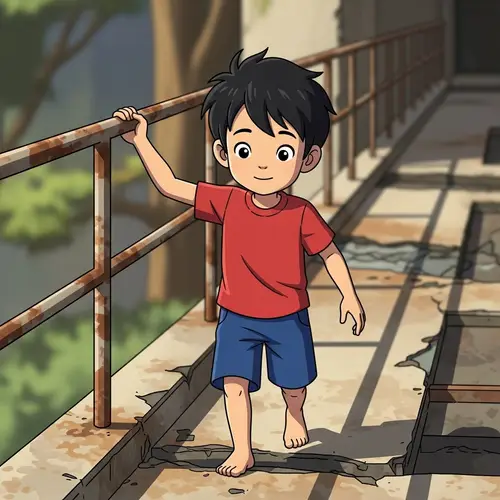 Young Asian Boy Walking on Worn-out Surface - Cartoon Scene