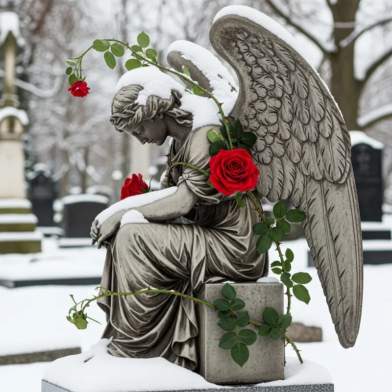 Angel Statue with Dark Graphite Wings in Snowy Cemetery, Red Rose on Grave