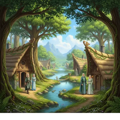 Enchanting Elvish Landscape: Mythical Forest, Crystal Brook, Serene Village