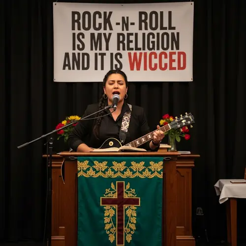 Hispanic Female Preacher Rocks Worship with Electric Guitar
