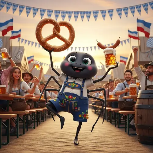 Friendly Cartoon Spider at Oktoberfest with Pretzel and Lederhosen