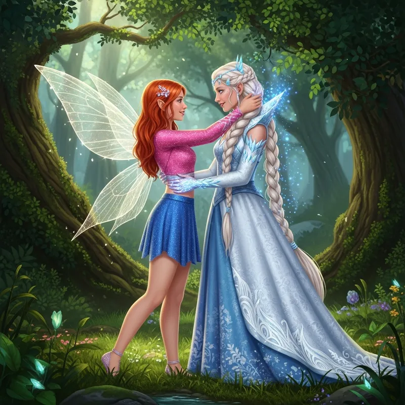 Fantasy Fairies Embrace in Wintry Forest Realism Art