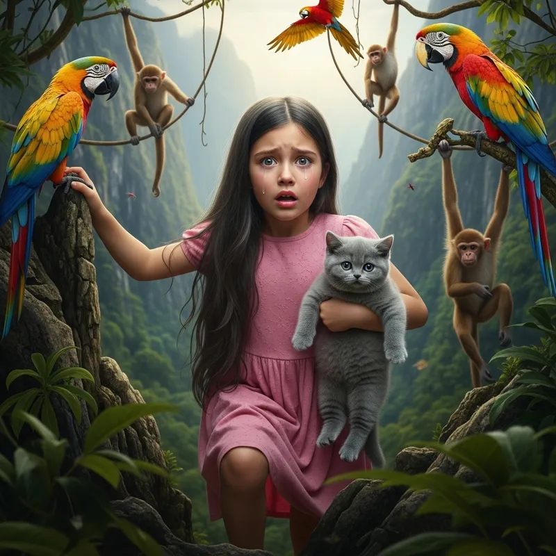 Fearful Girl Climbing Mountain with Grey Cat - Realism & Esthetics Fearful Girl Climbing Mountain with Grey Cat - Realism & Esthetics