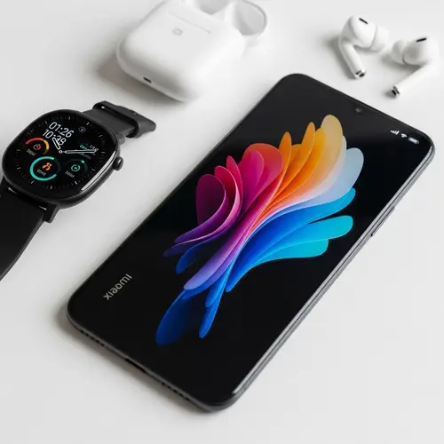 Xiaomi Smartphone, Smartwatch, and Earbuds | Tech Devices on White Surface