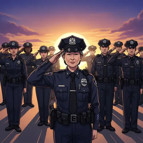 Diverse Group of Police Officers Saluting at Sunset