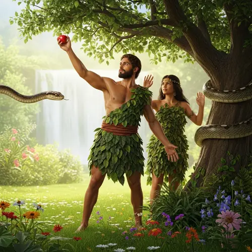 The Story of Adam and Eve in a Lush Garden
