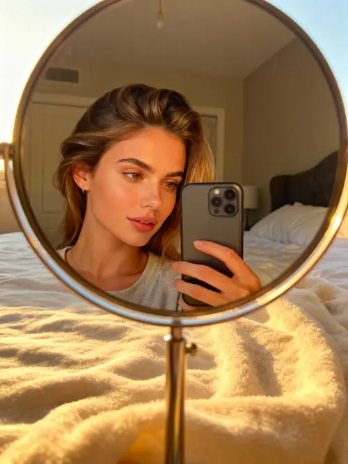 Beautiful Model Selfie in Bedroom Mirror