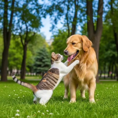 Playful Multicolored Cat and Golden Retriever Interaction in Vibrant Park