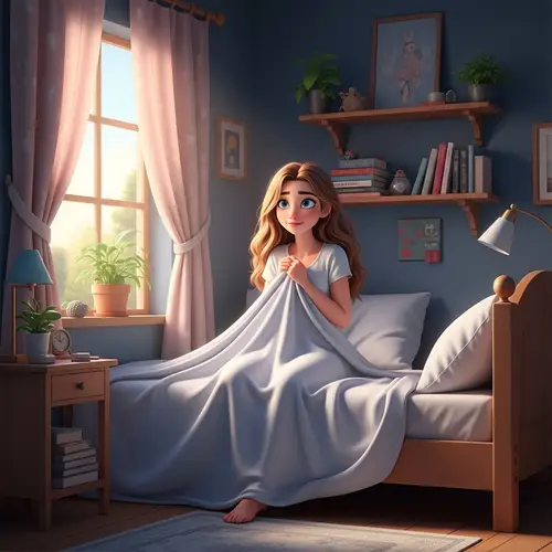 Modern Animated Style Room with Young Woman in Bed