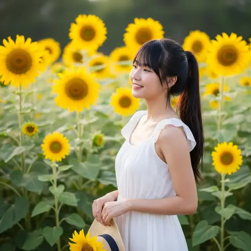 Asian Teenager in Sunflower Garden | Bright Summer Scene