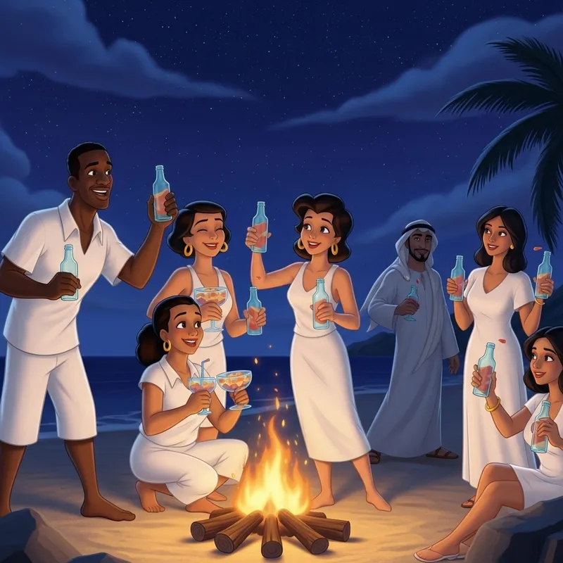 Nighttime Beach Fiesta with White-Clad Friends, Disney Pixar Style