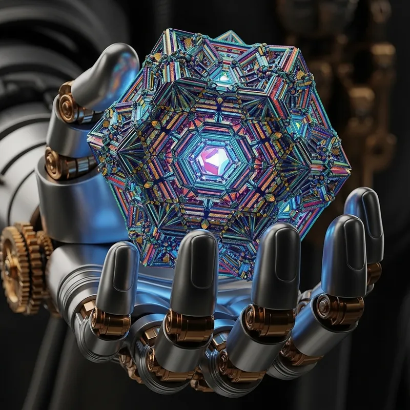 Realistic Semi-Robotic Hand Holding Colorful Geometrical Fractal Object