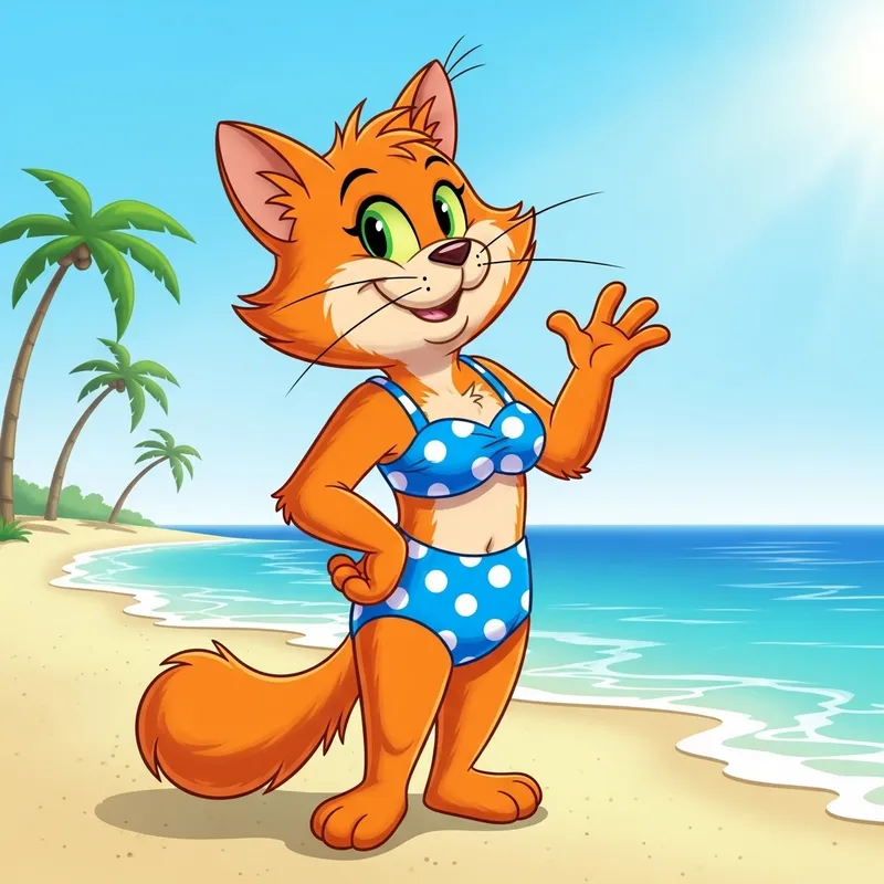 Furry Cartoon Cat in Swimsuit - Cute Beach Kitty