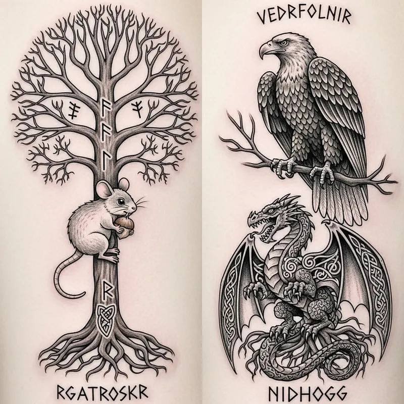 Norse Mythology Tattoo: Ratatoskr, Nidhogg, Vedrfolnir Trio