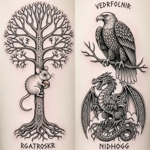 Norse Mythology Tattoo with Ratatoskr, Nidhogg & Vedrfolnir