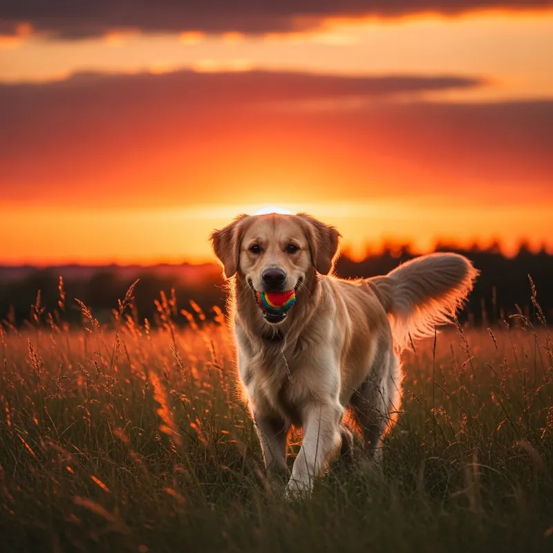 Playful Dog in Meadow During Vibrant Sunset