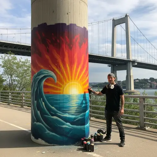 Vibrant Street Art by Mario on Iconic Suspension Bridge