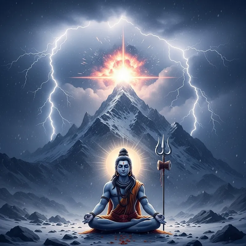 Serene Hindu Deity Meditating Amidst Snowstorm