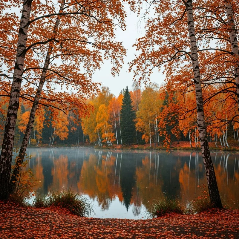 Autumn Lake with Birch Trees in Mysterious Landscape Autumn Lake with Birch Trees in Mysterious Landscape