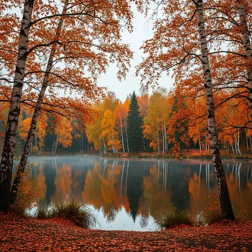 Autumnal Birch Trees Landscape with Mysterious Appeal