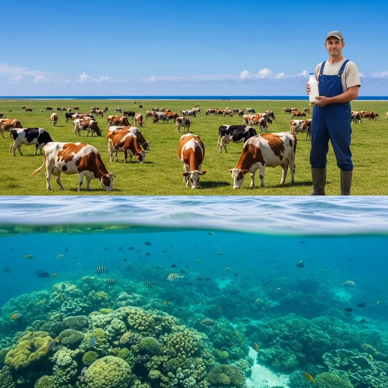Seaside Farm Scene: Cows, Man with Milk, Coral Reefs & Fish Seaside Farm Scene: Cows, Man with Milk, Coral Reefs & Fish