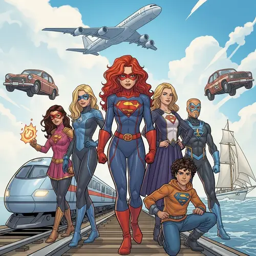 Dynamic Superhero Gathering with Flaming Red-Haired Girl and Unique Costumes