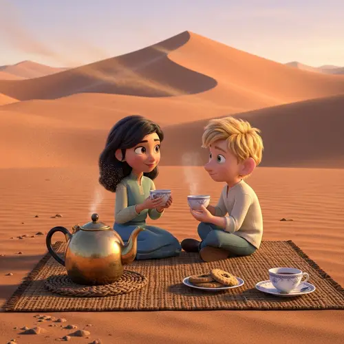 Pixar-Style Poster: Brunette Girl & Blond Boy Tea Time in Desert
