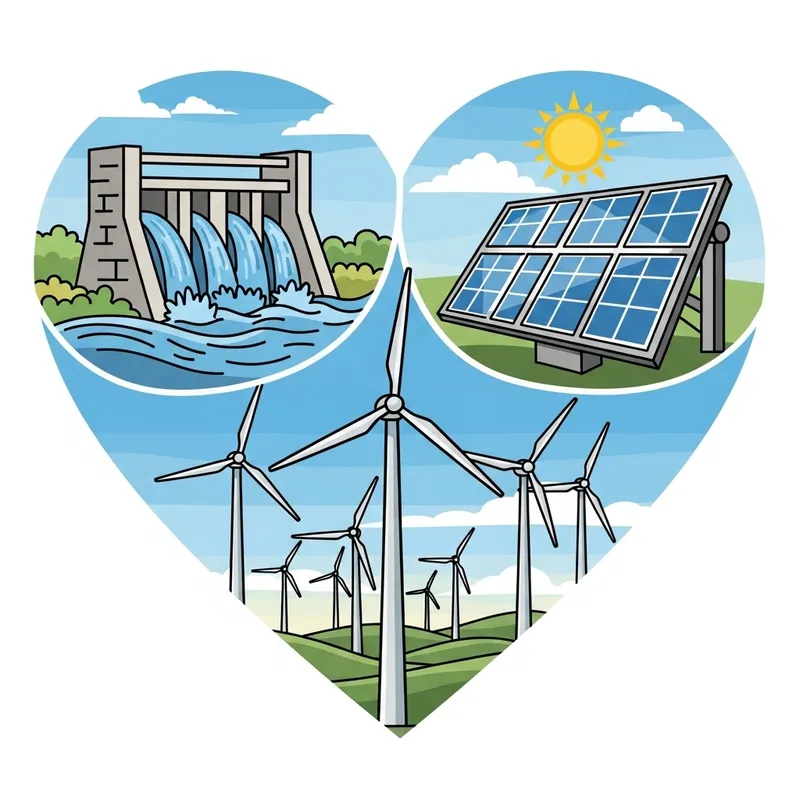 Heart of Renewable Energy: Water, Solar, Wind Icons