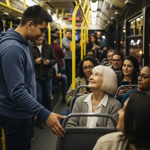 Young Man Offering Seat to Elderly Woman on Crowded Bus