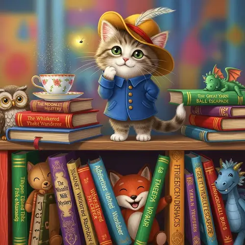 Whimsical Cat Illustration on Cozy Bookshelf