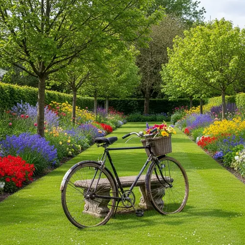 Tranquil Garden Scene with Vintage Bicycle and Colorful Flora