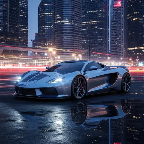 Sleek Metallic-Blue Sports Car in Futuristic Urban Landscape