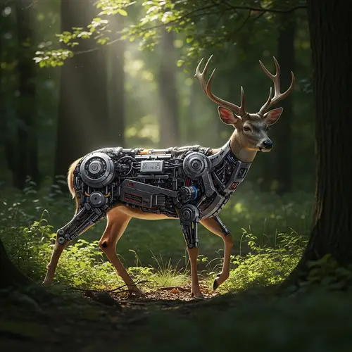 Cybernetic Deer: Nature Meets Machinery in Serene Forest Setting