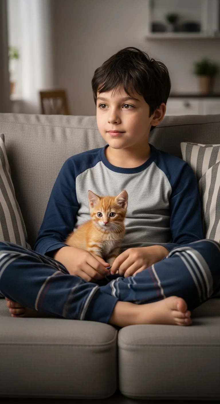 Attractive Eight-Year-Old Boy Watching TV with Ginger Kitten