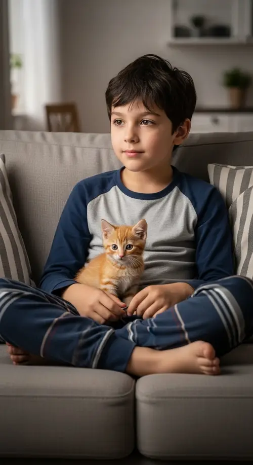 Realistic Portrait: Dark-Haired Boy with Ginger Kitten Watching TV