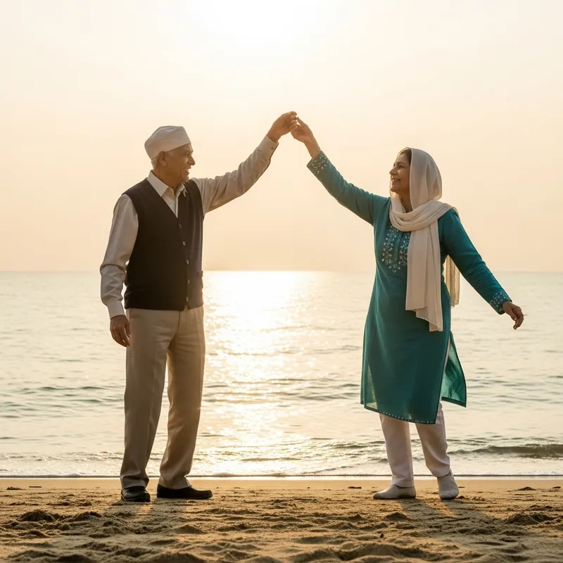 Elderly South Asian Man and Middle-Eastern Woman Dancing by Sea